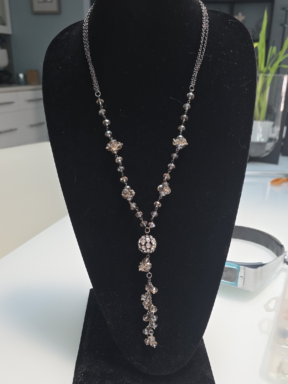 Crystal Drop Y Necklace - Silver Tone